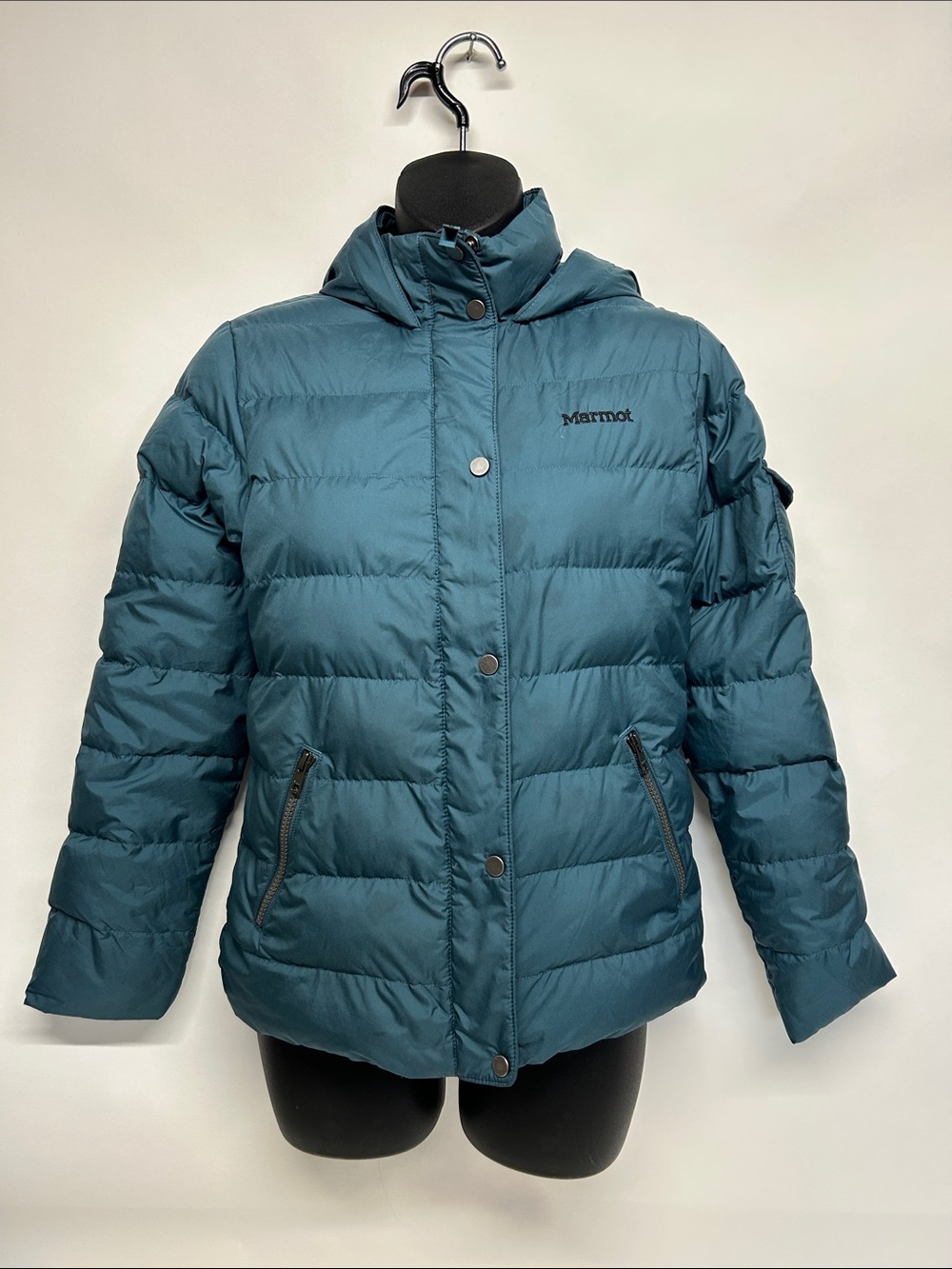 Marmot Teal Quilted Hooded Puffer Jacket size large girls Down feathers